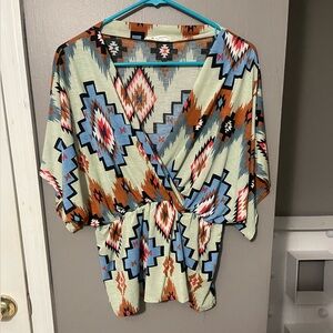 Geometric Print Wrap Blouse Blue Brown Cream